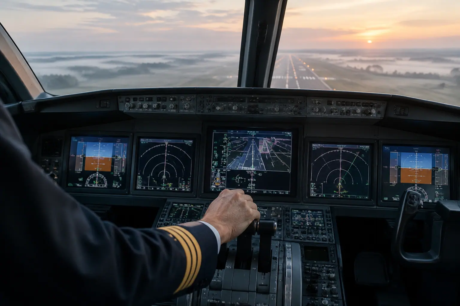 Business jet cockpit before departure